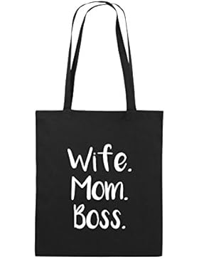 Comedy Bags - Wife Mom Boss - Jutebeutel bedruckt, Baumwolltasche zwei lange Henkel aus 100 % Baumwolle in 38x42cm...