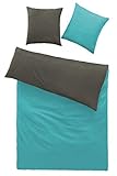 Renforcé-Wendebettwäsche – 100% Baumwolle – Kissenbezug ca. 80 x 80 cm + Bettbezug ca. 135 x 200 cm – in 8 modernen Uni-Farbkombinationen, stahlgrau-türkis - 2
