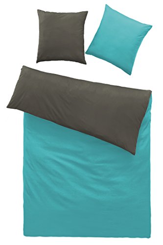 Renforcé-Wendebettwäsche – 100% Baumwolle – Kissenbezug ca. 80 x 80 cm + Bettbezug ca. 135 x 200 cm – in 8 modernen Uni-Farbkombinationen, stahlgrau-türkis - 2