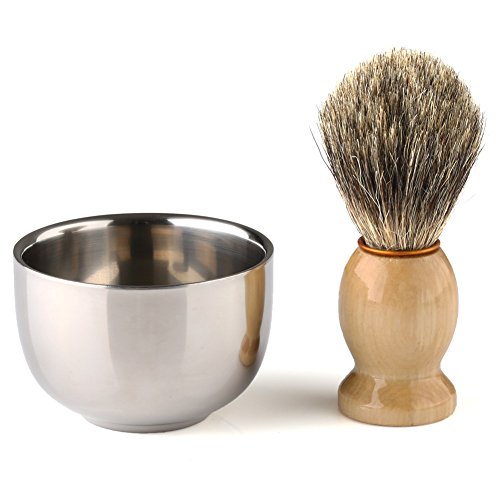VERY100 Men's Best Badger Hair Shaving Brush with Double Layer Stainless Steel Bowl Cup Kit