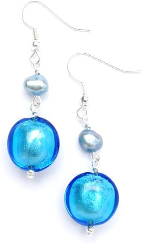 Amanti Venezia Blue Freshwater Pearl and Turquoise Murano Drop Earrings of 5 cm