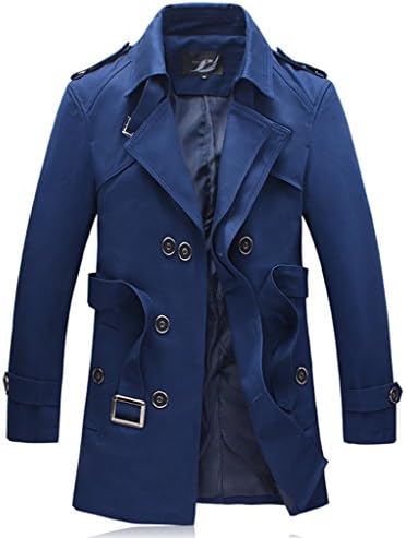 HZMK MOGU Men's Double-Breasted Belted Twill Trench Coat UK Size 43 Blue