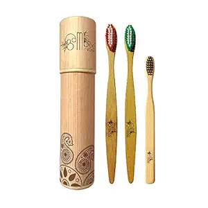 BambooIndia Bamboo Toothbrush, Pack of 3 (2 Medium and 1 Kid) Bristles with antibacterial and biodegradable Bamboo Handle