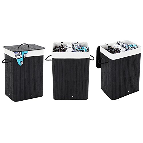 Songmics 3 Griffe Faltbar Bambus Wäschekörbe Wäschebox Wäschetruhe Wäschesammler Wäschetonne Wäschewagen Schwarz Eckig LCB10H - 9