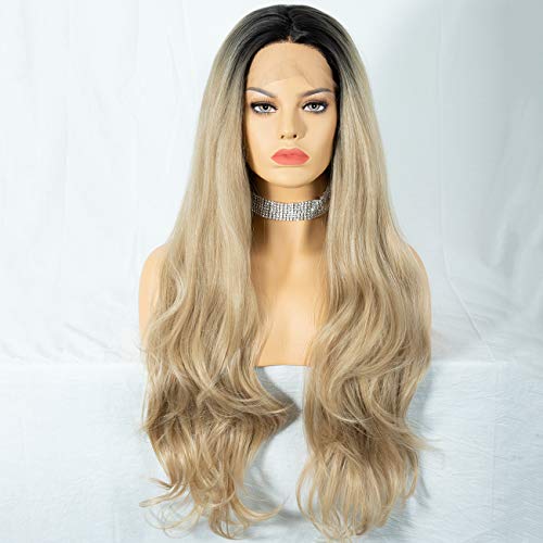 Cosswigs Long Wavy Lace Front Wig for Halloween Ombre Ash Blonde Synthetic Wig Heat Resistant Fiber Glueless Wigs for Women Middle Part 24inches