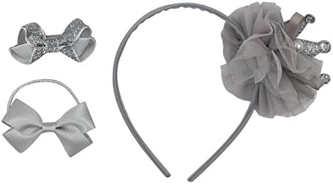 PeiLan 3 in 1 Premium Baby Girl Hair Band Headband Rubber Band Hair Clip Set with Gift Box - Silver Crown Bow Little Star