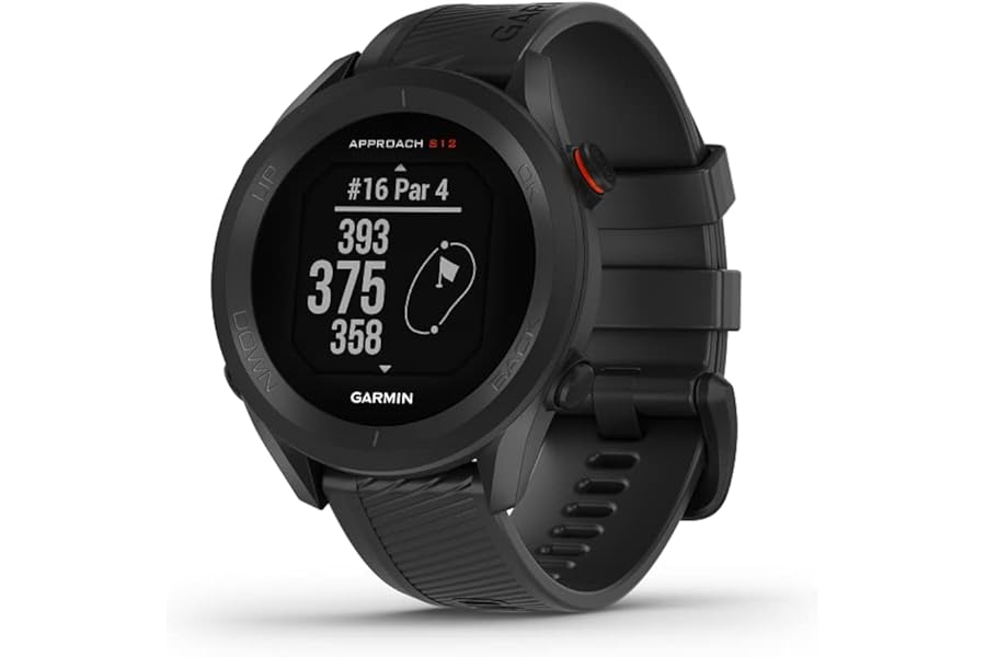 Garmin Approach S12, 44mm GPS Golf watch, essential on course features, pre loaded with 43,000 courses, up to 30 hours in GPS mode, Black