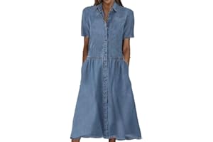 babao Summer Long Denim Shirt Dress Women's Short Sleeve Casual Jean Maxi Dress Button A-Line Denim Dress