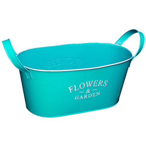 Preisvergleich Produktbild 3 Stück _ Design - Blumentöpfe / Pflanzkübel / Pflanzschale - METALL - " Flowers & Garden - türkis blau - pastell " - OVAL - 34 cm - MITTEL - mit Henkel - Eimer / Dekotopf - Übertopf STAPELBAR - Pflanztopf - Blech - Blumenschale - Blumenkübel / Metalltopf - z.B: Kräutergarten - Kasten / Topf - Blumen - Balkon - Garten & Terrasse Kräuterinsel - Blumeninsel - zum Stapeln - wie Blumenampel - Blumenkasten - Kübel - Retro & Nostalgie - Pflanze - Dekoration - Tischdeko