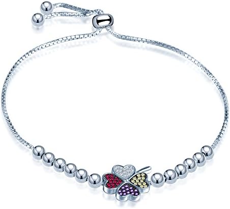 SIXLUO Colourful Lucky Four Leaf Clover 925 Sterling Silver Cubic Zirconia Beads Link Charm Strand Adjustable Bracelet Best Gift for Girls/Women