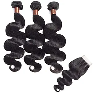 ANGIE QUEEN Brazilian Hair With Closure Body Wave Hair Virgin Human Hair 3 Bundles With Lace Closure 100% Unprocessed Hair Extensions Natural Black(16 18 20+14 closure, Three Part)