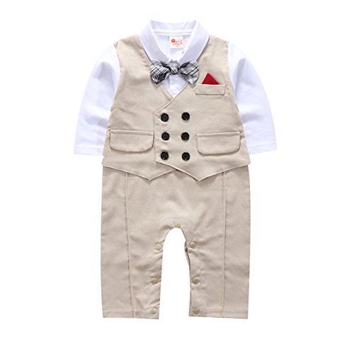 G-Kids Baby Jungen Strampler Gentleman Smoking Anzug Kleinkind Langarm Bekleidungsets Outfits Spielanzug Fliege Hochzeit Taufkleidung (Khaki, 70/3-6 Monate) - 2