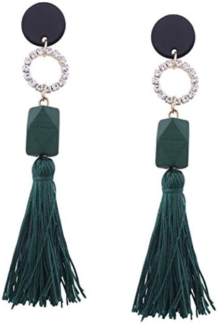 Ms. Bohemian long tassel earrings geometric circular inlaid diamond eardrop , Green
