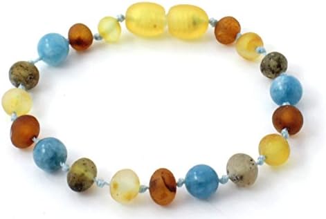 Raw Baltic Amber Anklet / Bracelet made with Aquamarine Beads - 14 cm Length - Multicoloured - AmberStones (14 cm)