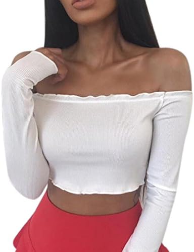 MU2M Women's Off Shoulder Solid Crop Tops Long Sleeve T-shirt Tee White US L