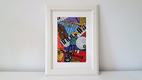 Textile Art Handmade Decorative Funky Jazz All Over Instruments Fabric Picture White Frame 21cm x 30cm 8.27" x 11.81".