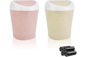 QLFJ-FURDEC 2 Stücke Mülleimer Klein mit Deckel, Mini Tischmülleimer mit Schwingdeckel und 4 Rollen Müllsäcke, Bunte Mini Mülleimer Tisch Kosmetikeimer 10*12*17cm, Tischabfalleimer für Bad, Büro (2 Stücke)