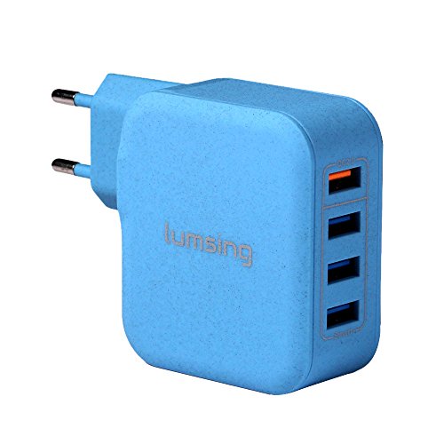Lumsing Schnellladegerät 4-Port USB Wandladegerät, Wall Charger mit 3 Smart Ports und 1 Quick-Charging Port für iPhone, Samsung, HTC, Nokia iPad, iPod, Nexus usw. – Blau