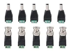 RIVER FOX 5 Set (5 x Male DC + 5 x Male BNC) 5.5mm x 2.1mm Male DC Power Connector, BNC Male Balloon Connector for Led Strip CCTV Security Camera Cable Wire Ends Plug Barrel Adapter- Black + green