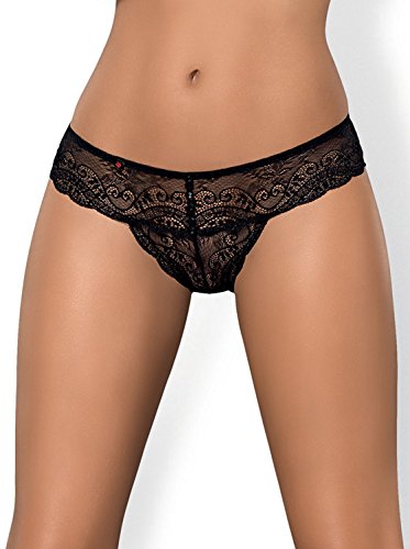 Obsessive zarter, eleganter Spitzen-String Tanga mit glänzenden Ziersteinen in toller Geschenkbox - Schwarz - Gr. L/XL