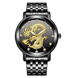 Dilwe Männer Armbanduhr, Luxus Stilvolle Kristall Dekoration Quarz Uhr mit Edelstahl Uhrenarmband Glas Kasten(Schwarz)