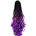 22" Claw on Ombre Two Tone Synthetic Curly Wavy Ponytail Hair Extensions Natural Black to Violet Purple