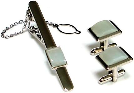 White Jade Lattice Design Tie Clip Bar Clasp Pin Tack Tac and Cufflinks Set