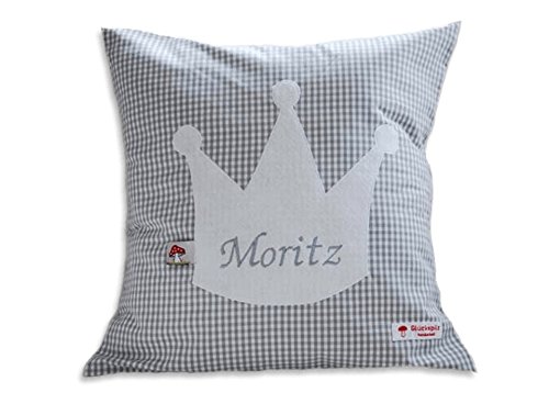 Namenskissen Babykissen I Kissen mit Namen personalisiert I Taufgeschenk Geburtsgeschenk I Krone I Grau I von Glückspilz