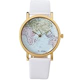 Minetom Damenmode Weltkarte Lederarmband Uhr Runde Quarz Armbanduhr Wristwatch