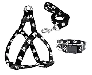 Pups&Pets 15 MM Adjustable Paw Print Puppy Harness Leash Collar Set Nylon Combo Offer of Small Dog Harness + Leash + Collar Set (Black Color)