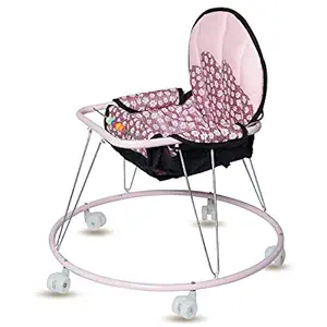 Goodluck baybee 2 in 1 Round Baby Walker with Wheels Step Learning and Hanging Swing Foldable Kids Walker Suitable for Boys and Girls 6-18 Months-Pink