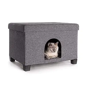 Pawristocrat Unique Multifunctional Pet House Ottoman with Tray Table - Folding Footrest Seat - Large Cat Cube Condo - Pet Beds for Cats and Small Dogs with Fully Washable Mat - Charcoal Bench 24 x 18