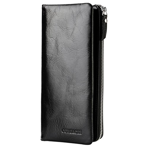 Contatti da uomo in vera pelle lungo portafoglio borsa tasca portacellulare pochette zip, Black (Nero) - 10440728
