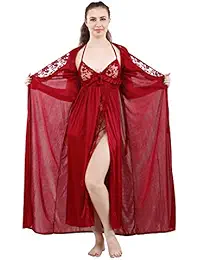 Romaisa Women's Lace Work Nightdress with Robe (Red_Free Size)