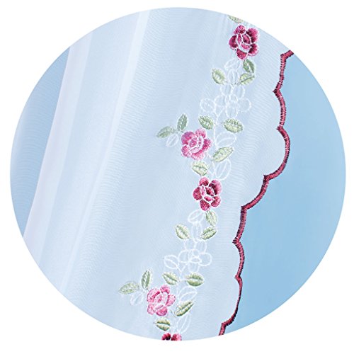 Gardinenset Voile mit Stangendurchzug Serie: Satin, Auswahl: weinrot – Blumen bestickt 5-teilig - 5