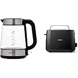 Amazon Basics - Elektrischer Wasserkocher aus Glas, 1,7 l, 2200 W & Philips Toaster – 2 Toastschlitze, 8 Stufen, Brötchenaufs