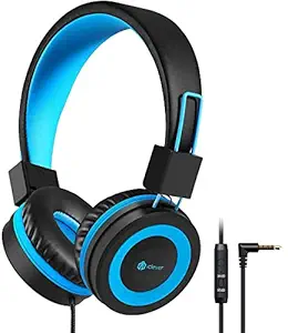 Headphones with Mic, iClever Wired Kids Headphones for Boys with Safe Volume Limited, Adjustable Headband, Foldable, Kids Headset for Online Class, Black&Blue