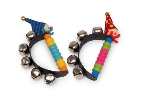 2 x Wooden Clown Design Baby Jingle Hand Bells Rattles Musical Instruments