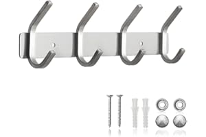ERWEY Listwa z haczykami ze stali nierdzewnej, wieszak na ubrania, z 4 podwójnymi hakami, nierdzewny, uniwersalny hak garderobiany, wieszak ścienny 28 cm (4 haczyki)