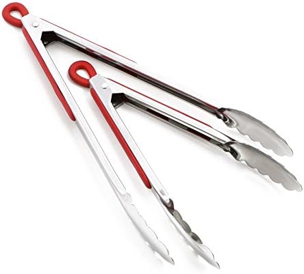Stainless Steel Kitchen Tongs, MANLEHOM 9" + 12" Heat Resistant Locking Tongs for Cooking Food Serving Buffet Salad Barbecue Grill Toaster Red
