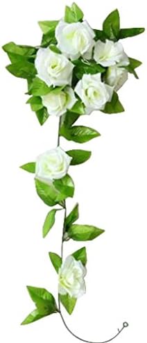 Winwintom 1 PC Artificial Rose Flower Green Leaf Vine Garland (White)