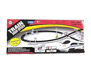 LOGICMART Battery Operated High Speed Bullet Train with Engine, Signals Stickers, Screw Driver, flyover Track and Supporting Pillars, Metro Train Toy for 3+ Years Old Kids ? 1pcs