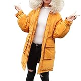 TianWlio Jacken Parka Mäntel Damen Herbst Winter Warme Jacken Kapuze Feste Feder Outwear Warme Dicke Pelz Baumwolle Parka Slim Jacken Mantel Gelb XL