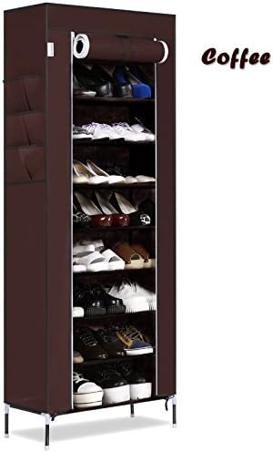 Oliote 10 Tier up to 30 Pairs Shoe Rack Cabinet Standing Storage Organizer Shoe Tower with Fabric Dustproof Cover Door, 60 x 30 x 168 cm (L x W x H) (Coffee)