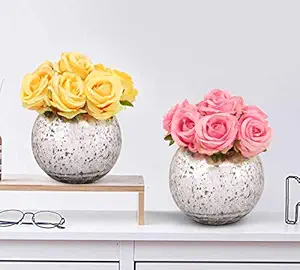 TIED RIBBONS Faux Yellow & Pink Color Rose Flowers with Mercury Glass Vase for Home Decor, Center Table, Bedroom, Side Corners, Living Room, Dining Room, Office Decoration (Pack of 2)