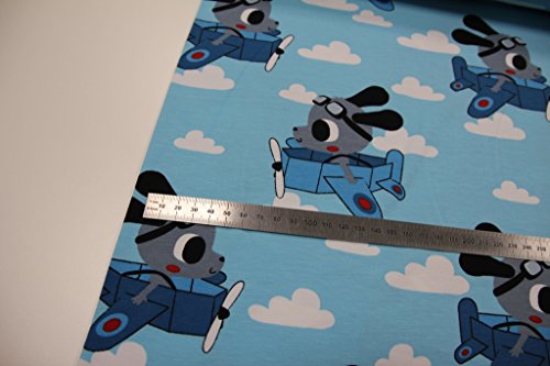 Stoff / 50cmx140cm / Kinder / beste Jersey-Qualität / Jersey Hund, Flugzeug, Wolken auf hellblau - 2
