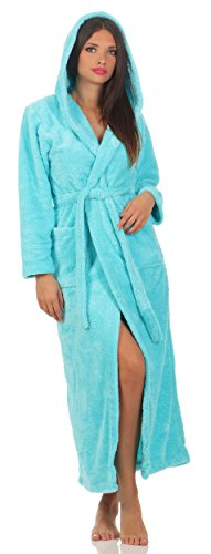 Damen Kuschel-Bademantel mit Kapuze, Wellsoft, extra lang oder kurz in 6 Farben Farbe turkise, Grösse L in lang, 140 cm - 3