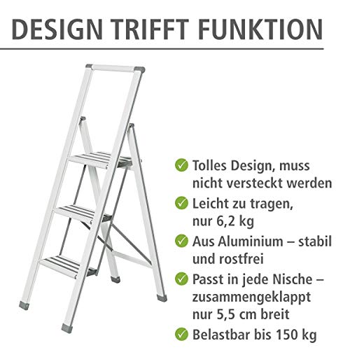 Wenko 601016100 Alu-Design Klapptrittleiter Haushaltsleiter, Aluminium beschichtet, 44 x 127 x 5,5 cm, weiß, 3-stufig - 3