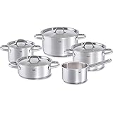 Robustes und pflegeleichtes Kochgeschirr aus Edelstahl rostfrei 18/10 mit matt polierter Topf-Innenseite. Der praktische Schüttrand der Töpfe erleichtert das Ausgießen