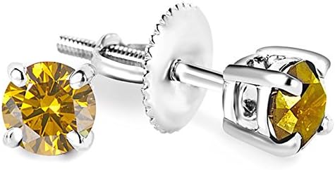 3/8 CTW Round Canary Yellow Diamond 4-Prong Solitaire Stud Earrings in 14K White Gold (MD140058)